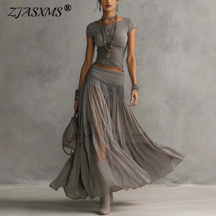 New Boho 2 Piece Set Women Solid Pachwork Lace Trim Crop Top Maxi Skirt Suit Elegant Sheer Long Dress Summer Beach Party Outfits