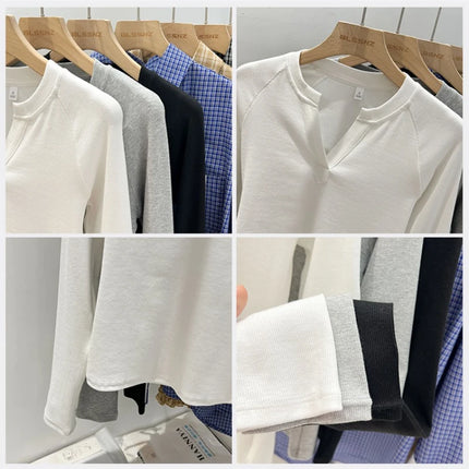 Basic Style Slim Fit V-Neck Long Sleeve T-Shirt Korean Style Versatile Simple Base Layer Top Casual Tee for
