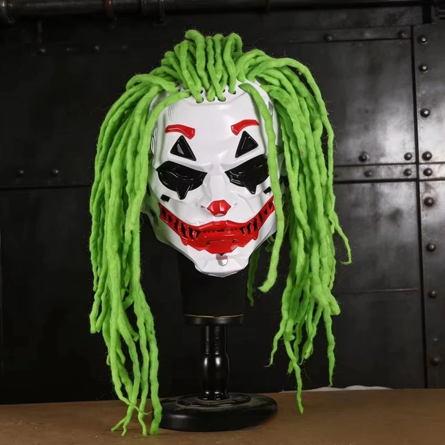 Cyberpunk Clown Mask with Green Hair Halloween Party Masquerade Costume Prop Scary Cosplay Accessories for Adults
