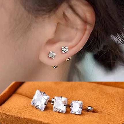 1 Pair 3/4/5/6/7/8mm Simple Shiny Stainless Steel Square Cubic Zirconia Square Stud Earrings for Men Women Ear Accessories Gift