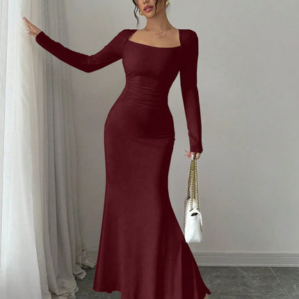 Women's Four Seasons New Style Women's Elegant Temperament Retro Solid Color Square Collar Long Sleeve Dress