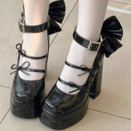 Thick Sole Women's Retro Fashion Mary Jane Shoes Elegant Waterproof Platform Big Bow Chunky Heels Lolita Single Shoes Tacones