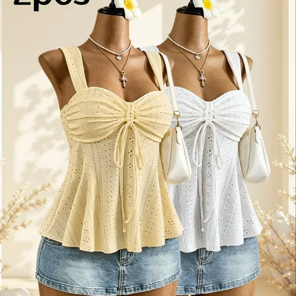 Women Sweetheart Neck Drawstring Ruched Peplum Cami Top Polka Dot Print Sleeveless Casual Camisole Outfit