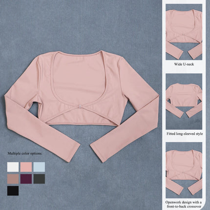 Women's Long Sleeve Yoga Crop Top U-Neck Backless Crossover Fitness Shirt Slim Fit Sexy Workout Gym Sports Top