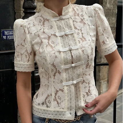 Summer Lace Printed Shirts Tops Hollow Out Commute Vintage See-Through Blouse Lace Shrug Shirts