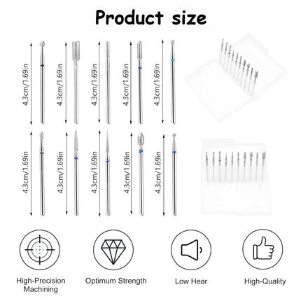 10-Piece Professional Nail Drill Bit Set: Tungsten Carbide Diamond Tips for E-File, Manicure & Pedicure, Acrylic/Gel Nails Cu...
