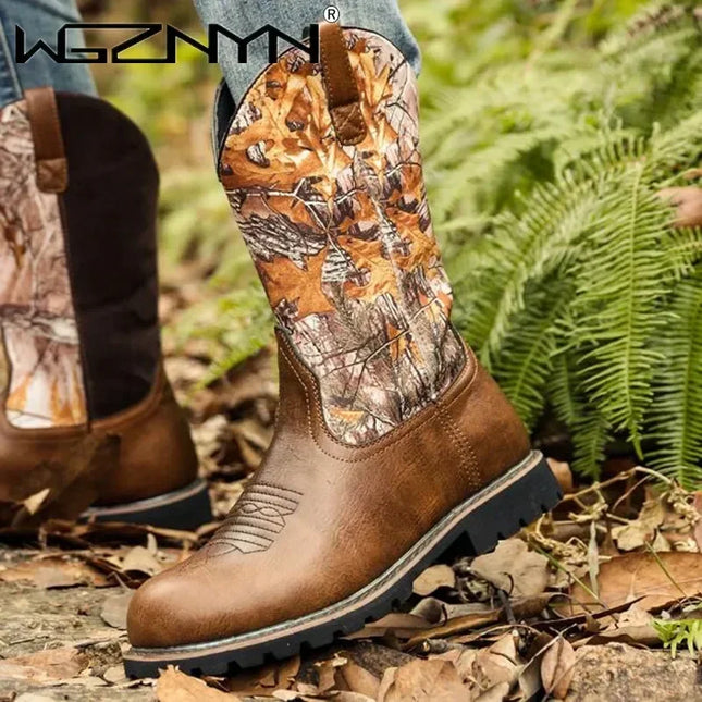 Fashion Designer Cowboy Boots Vintage Men's Knight Snow Boots Big Size Motorcycle Overshoes Men Slip-on Embroidery Process Shoes