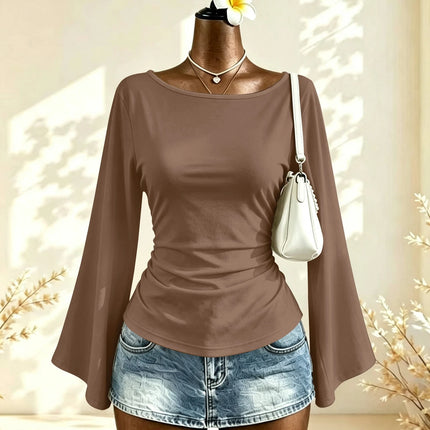 Boat Neck Flare Long Sleeve Side Ruched Fitted Casual Blouse Slim Fit Basic Top