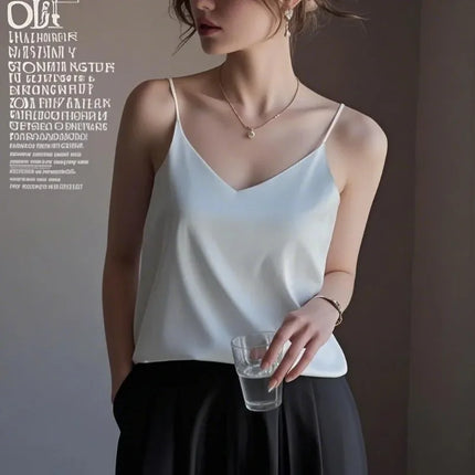 Woman T-shirts Elegant Faux Silk Satin Blouse Sleeveless Female Summer Casual Loose Tanks and Camis Solid Green Tops for Women