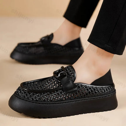 Retro Weave Hollow Breathable Casual Single Shoes for Men 2025 Spring New Low Top Comfortable Versatile Fashion Platform Loafers