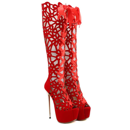 16CM Ultra Thin High Heels Sexy Nightclub Hollow Out Over The Knee Boots Women Peep Toe Lace-Up Zip Platform Shoes Sandals