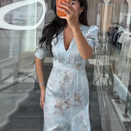 Elegant Floral Printed Satin Dress Pleated V-Neck Short Puff Sleeve Bodycon Dresses 2026 Spring Women Vintage Vacation Chic Gown