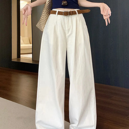 Y2K Korean Style Women's White High Waisted Wide Leg Jeans 2026 Spring Summer New Pleated Design Draped Casual Pants Streetwear