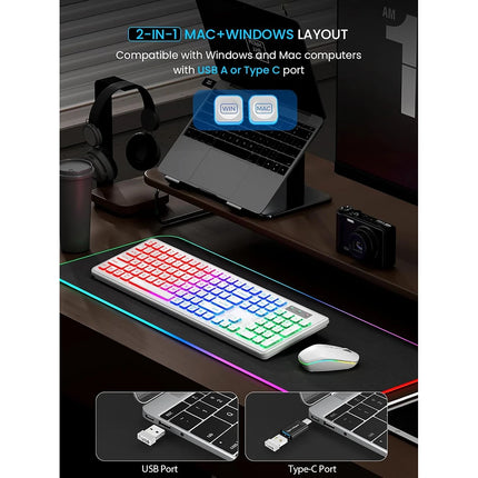 Backlit Wireless Keyboard and Mouse,Quiet Light Up Keys, Tilt Legs, Rechargeable USB Cordless Combo for Computer - product im