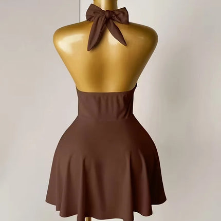 Halter Deep V Front Tie Cut Out Mini Dress Summer Y2K Night Club Party Flare Skirt Dresses