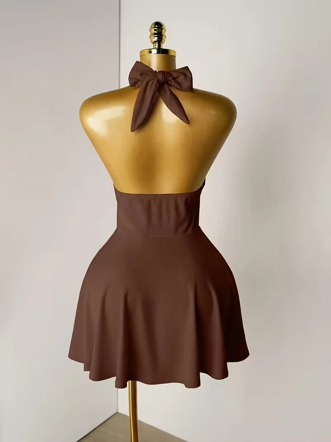 Halter Deep V Front Tie Cut Out Mini Dress Summer Y2K Night Club Party Flare Skirt Dresses