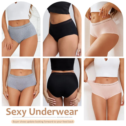 FINETOO 4Pc Women Cotton Lace Floral Briefs Underwear Seamless High Waist Elastic Breathable Panties Female Solid Color Lingerie