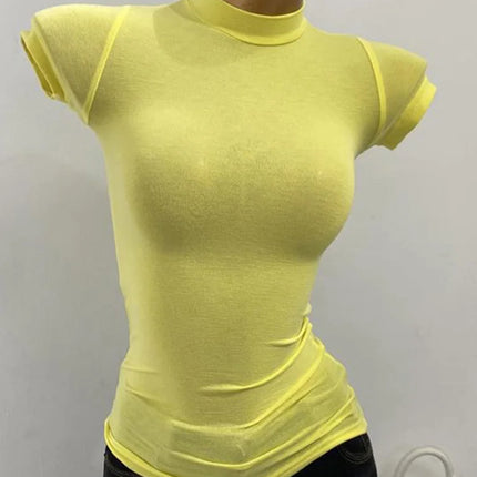 Half-high Collar T-shirt korean Transparent Short-sleeved Slim-fit Elastic Solid Inner Bottoming Shirt Sexy