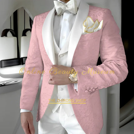 Classy Men's White Jacquard Suit 3pcs Jacket Vest Pants Set Shawl Lapel Elegant Attire for Wedding Cocktail Business Ball Party