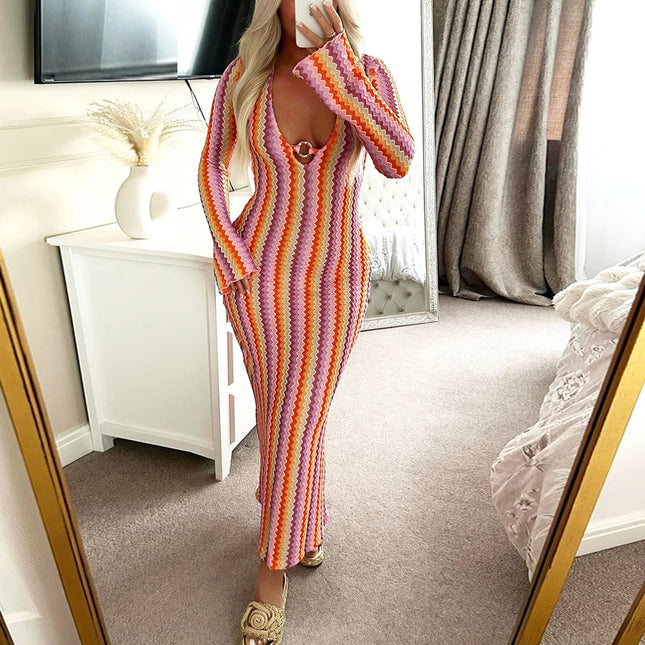 Elegantes Kleid mit tiefem V-Ausschnitt, sexy ausgestellten langen Ärmeln, gestreift bedruckt, böhmische Kleider für Damen, Strandkleid für den Urlaub