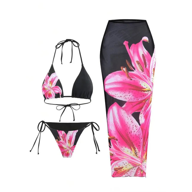 3-teiliges stilvolles langes Kleid Bikini-Set für Damen, Neckholder zum Binden, Badeanzüge, sexy Sommer, getrennte Bademode Sommersaison
