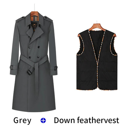Men's trench coat long knee length with double breasted British plaid cotton lining down inner lining windbreaker mens