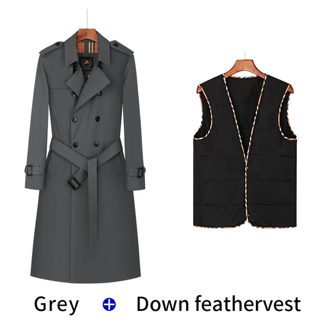 Gabardina para hombre larga hasta la rodilla con doble botonadura, forro interior de algodón a cuadros británico, cortavientos para hombre