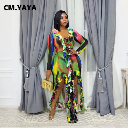 CM.YAYA Women Ruffles Splicing V-neck Long Sleeve Bodycon Maxi Long Dress 2026 Autumn Birthday Sexy Club Party Even Dresses