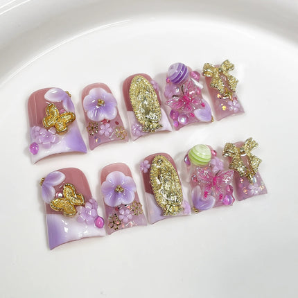 10pcs Short Duck Bill Press on Nails 3D Butterfly Flower False Nails Pink French Tip Nail Art Pearl Heart Rhinestone Fake Nails