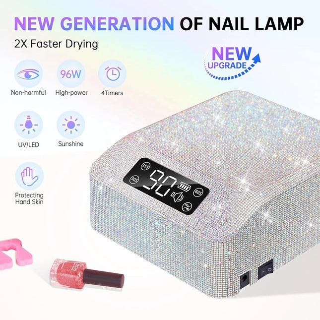 Lámpara de uñas recargable brillante de 96 W, lámpara de uñas de diamante, de secado rápido, con 39 LED y pantalla HD.