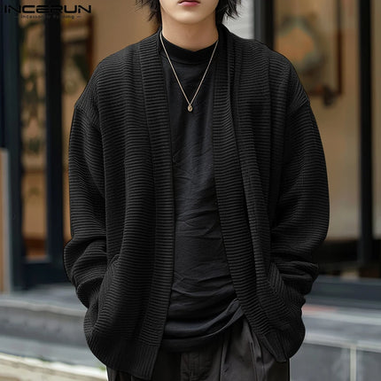 INCERUN 2025 Stylish Men Cardigan Knitted Leisure Solid Loose Long Sleeve Cardigan Streetwear Autumn Male Sweater Outerwear
