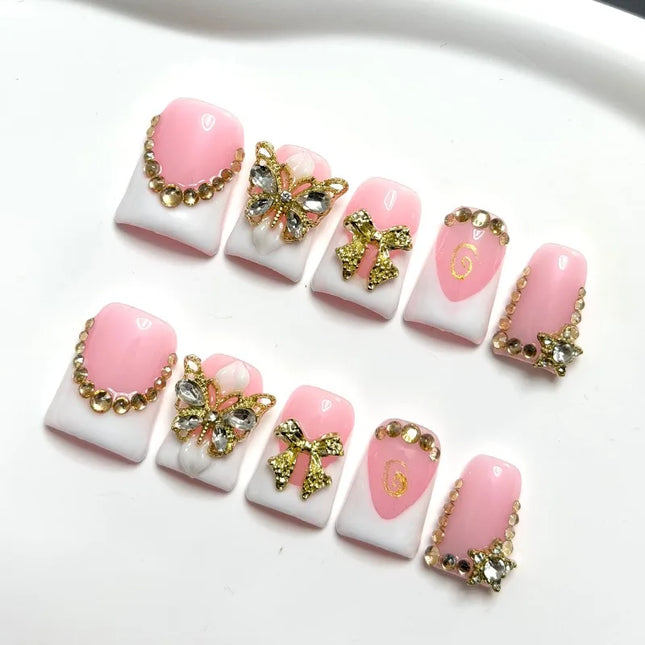 Nuevo diseño elegante de lujo de alta gama, mariposa tridimensional pintada a mano, lazo, diamantes brillantes, uñas postizas hechas a mano