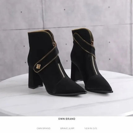 Pointed Toe Booties Women 2025 Fall Winter New Trendy Fashion Block Heel High Heel Boots Front Zipper Skinny Boots