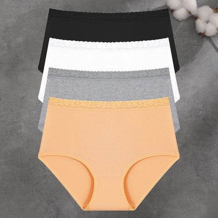 FINETOO 4Pc Women Cotton Lace Floral Briefs Underwear Seamless High Waist Elastic Breathable Panties Female Solid Color Lingerie
