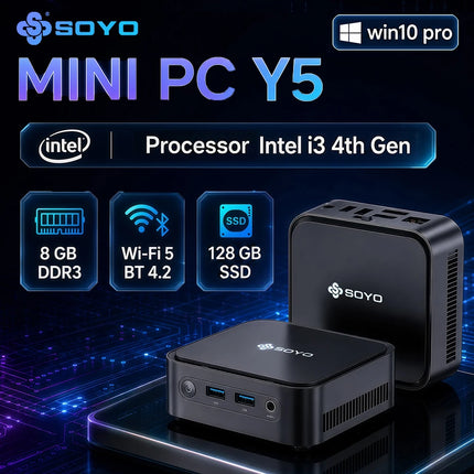 SOYO Mini PC Y5 Intel Core I3 4030U 8GB RAM 128GB ROM Windows 10 Pro WiFi BT4.2 Desktop Computer 22NM Office Desktop Computer Dual HDMI 4K Display VESA Mount