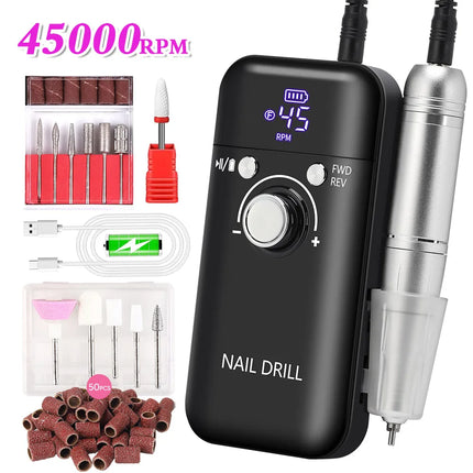 45000RPM Nail Drill Machine Portable Nail Polisher Low Voice Electric Professional Nail Lathe with HD LCD Display