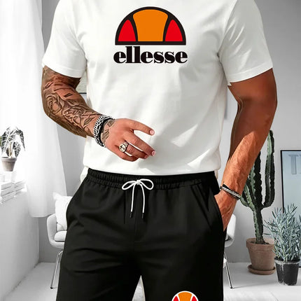 Ellesse Men's Summer Casual Sports Set Short Sleeve T-Shirt + Shorts Two-Piece Trendy Print Breathable Quick-Dry Fitness Wear