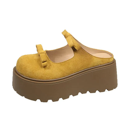 Women's platform slippers with bow and closed toe, perfect for spring and summer 2025, versatile for petite women.