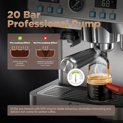 20 Bar Espresso Machine with Grinder, PID Temp Control 194-203°F, 68oz Tank, Cold Brew, All-in-One for Home