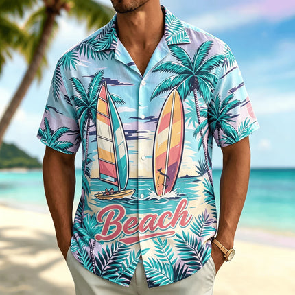 Men's Neon Sunset Palm Print Short Sleeved Shirt, Hawaiian Beach Scenery Casual and Comfortable Shirt