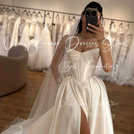 OLOEY Classic Pearls Wedding Dress Sweetheart Drapd Sweep Train High Slit Ivory Taffeta Bridal Gown Customized Vestido de novia