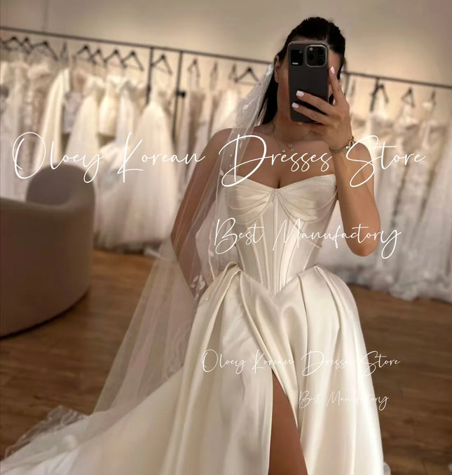 OLOEY Klassisches Perlen-Hochzeitskleid, herzförmiger Ausschnitt, drapiert, Schleppe, hoher Schlitz, elfenbeinfarbenes Taft-Brautkleid, maßgeschneidertes Vestido de novia