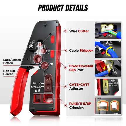 AMPCOM rj45 Crimper CAT7 Crimping Tool for Pass Through RJ11 RJ 45 Connector CAT6 CAT5E Modular Plugs With Wire Stripper Cutter