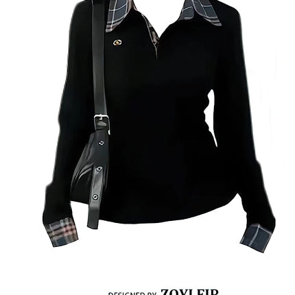 Preppy Polo Neck Plaid Long Sleeve Layered T Shirt Fake Two-piece Basic Top V Neck Button Blouses Tees