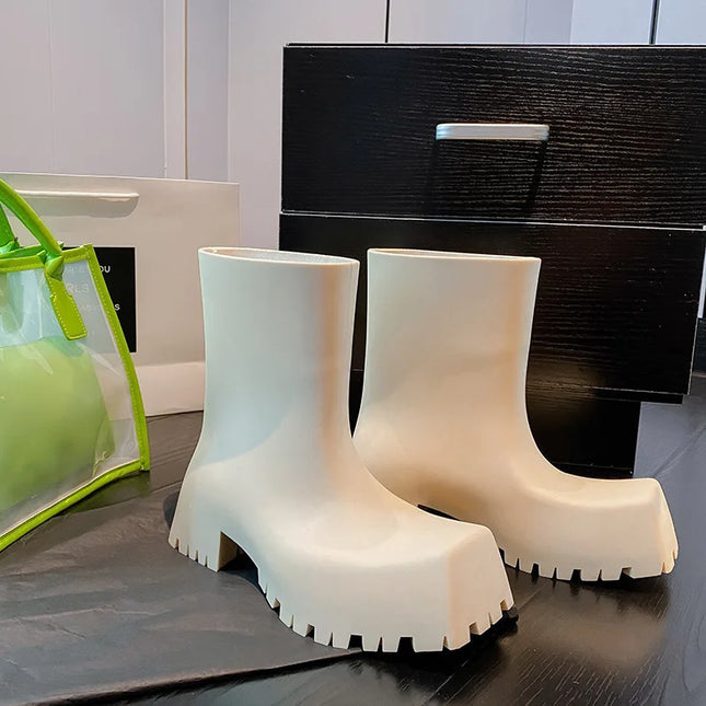 Neue Damenschuhe Mode Square Head Plateau Stiefel für Damen Bequeme wasserdichte rutschfeste Regenstiefel Designer Schuhe Botas Feminina