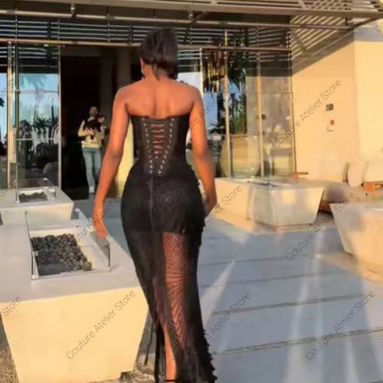 Aso Ebi Style Luxury Black Stones Evening Dresses Illusion Prom Gowns Elegant Evening Dress Wedding Party Mermaid Customized