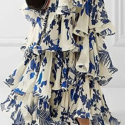 Elegant Women's Printed Vestidos Sleeveless Neck-mounted Female Formal Wear Aesthetic Layered Ruffled Hem Evening Party Dresses