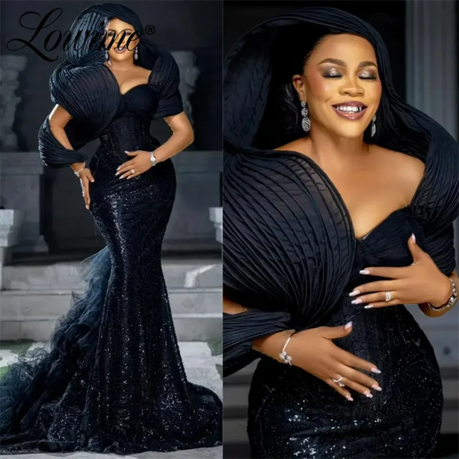 2024 Elegante Schwarze Abendkleider Aso Ebi Meerjungfrauen-Ballkleid Plus Size Schulterfrei Celebrity Partykleider Robe De Soiree