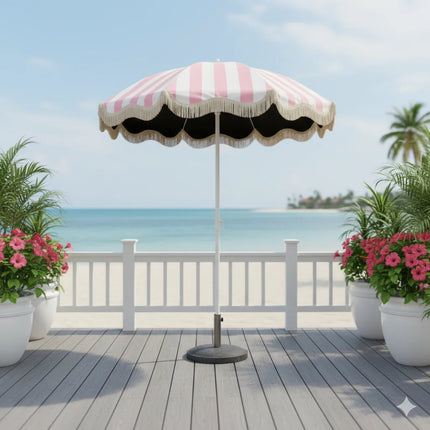 UPF50+ Black Sun Protection Umbrella with Pink-White Stripes And Fringe Portable Outdoor Beach Courtyard Umbrella without Base