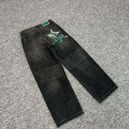 Real Photos Derschutze Jeans High Quality Pattern Embroidery Denim Trousers Retro Grey Street Men Women Pants